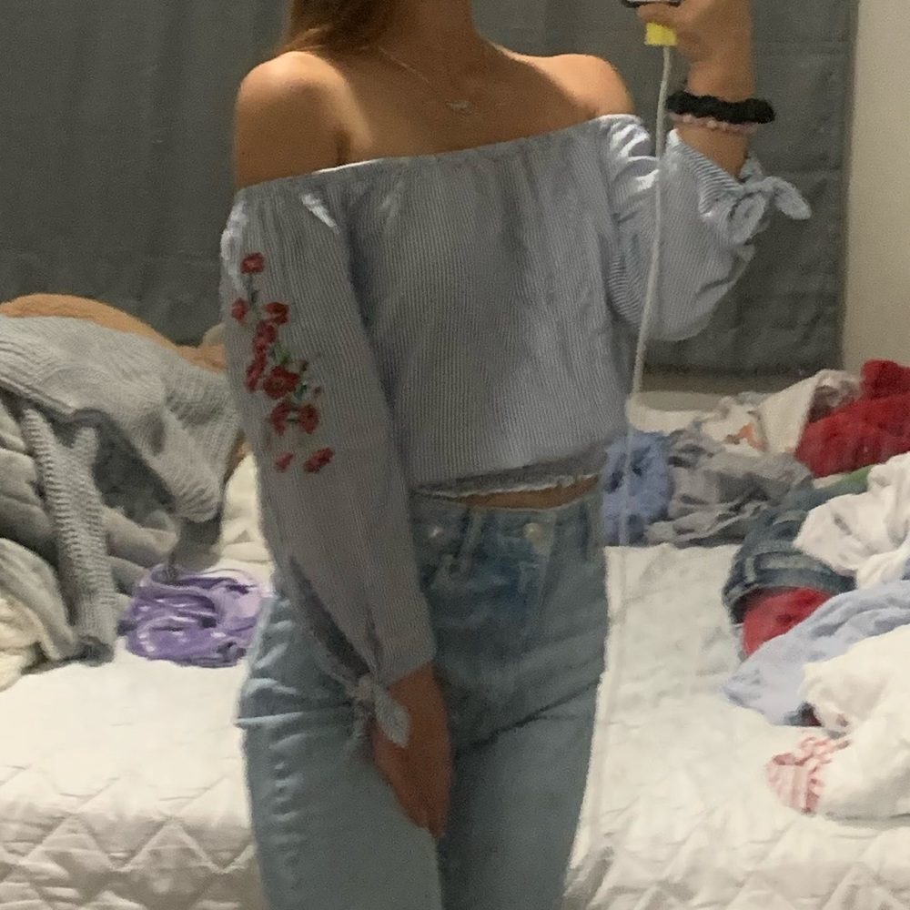 Blue and white stripe Off the shoulder top